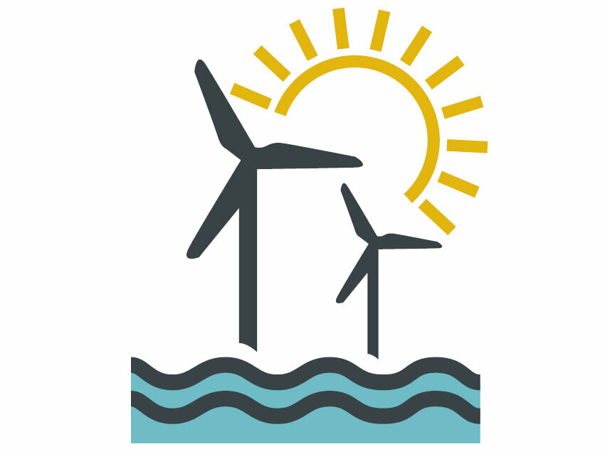 Stilizirana slika s vetrenjačama, suncem i vodom radi ilustriranja ekološke struje