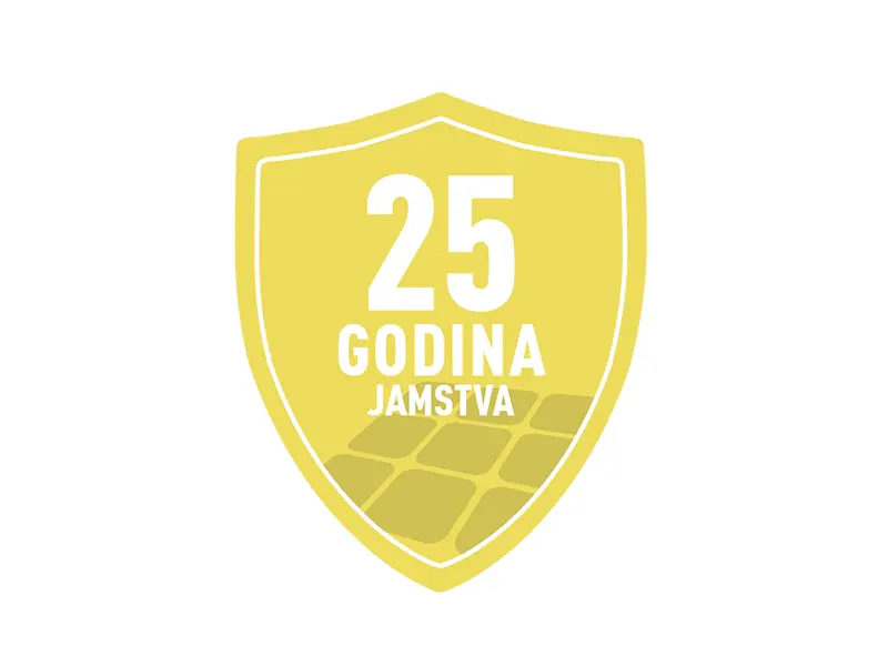 Žuti logo jamstva za 25-godišnje jamstvo performansi solarna krovna ploča i PREFALZ solarne krovne ploče.