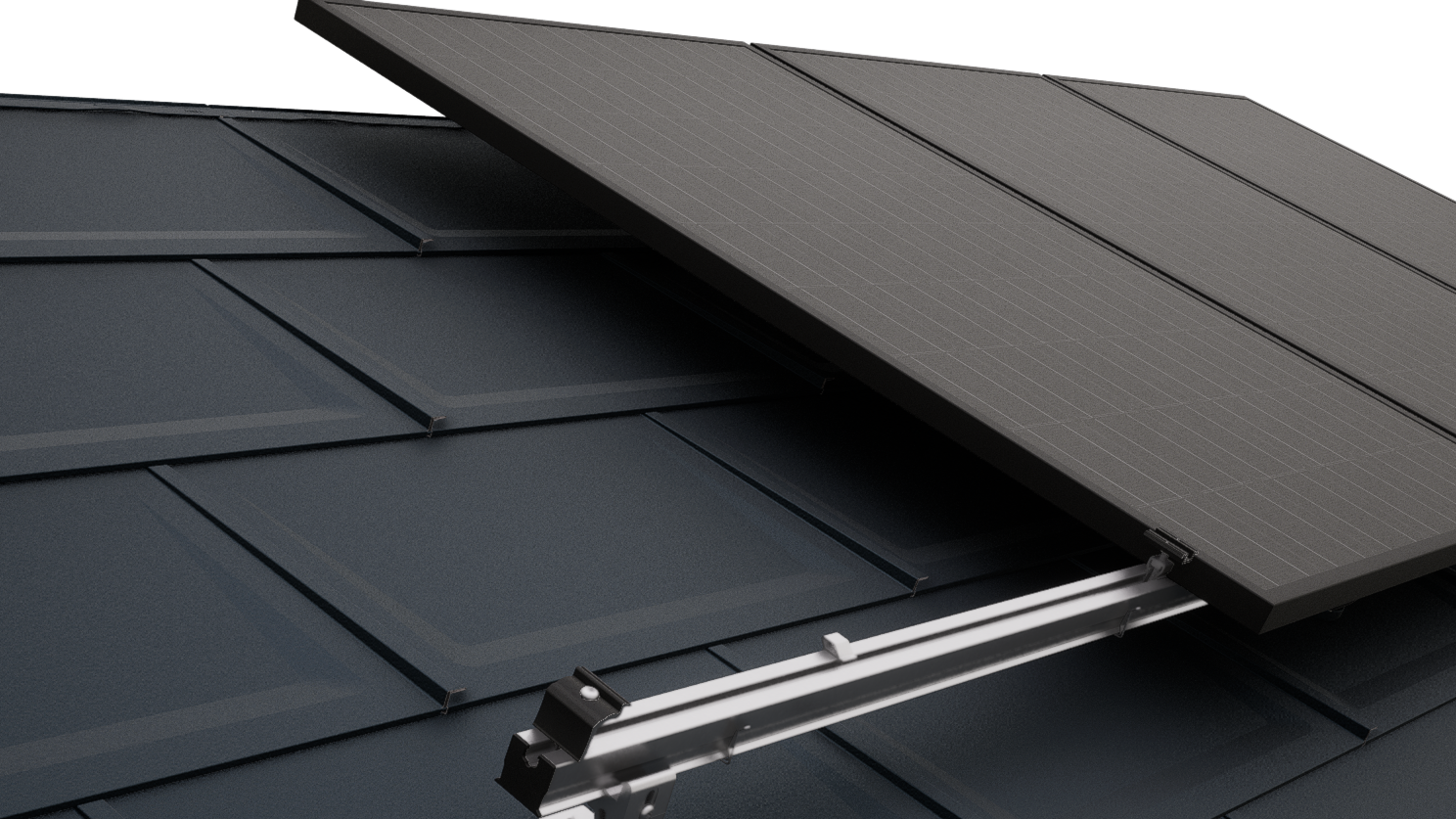 Detaljan prikaz PREFA krova s ​​fotonaponskim modulima montiranim pomoću PRE-VARIO solarnog montažnog sustava.
