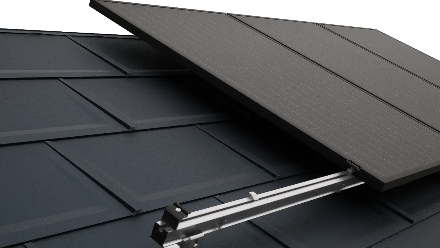 Detaljni prikaz PREFA krova s PV modulima pričvršćenim PRE-VARIO solarmontažnim sustavom.