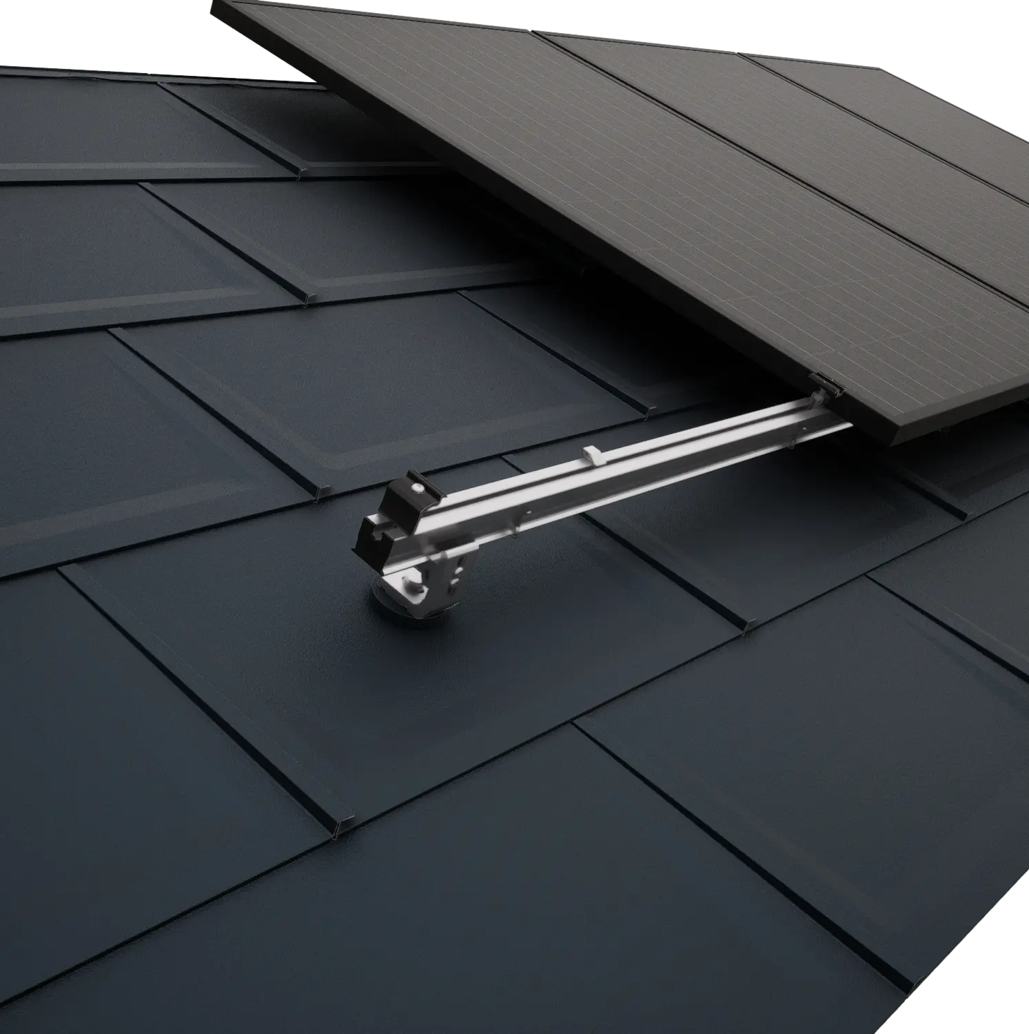 Detaljni prikaz PREFA krova s PV modulima pričvršćenim PRE-VARIO solarmontažnim sustavom.