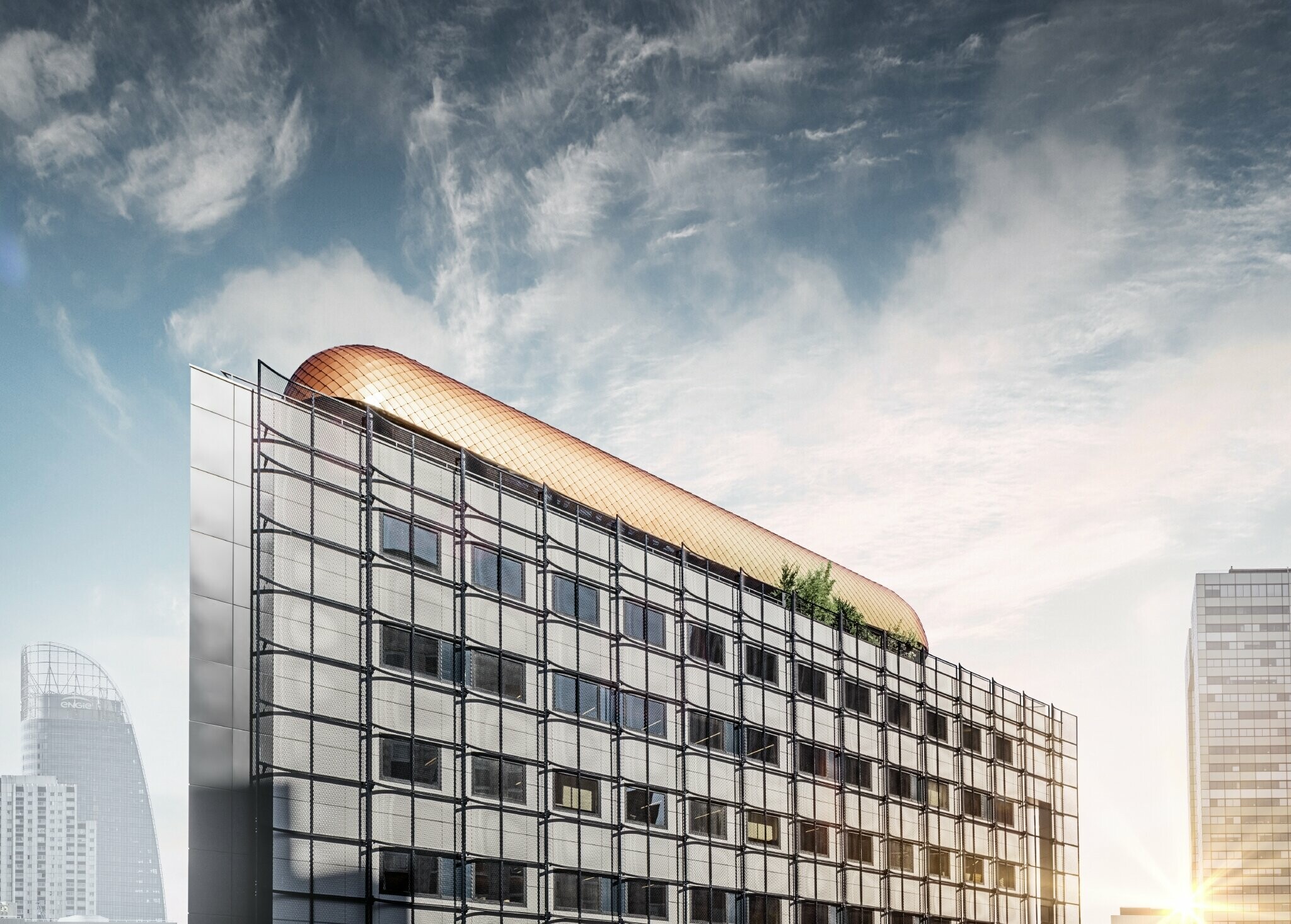 Uredska zgrada Blackpearl u Parizu s novom nadgradnjom obloženom PREFA krovnim rombom 29 × 29 u bakrenoj boji