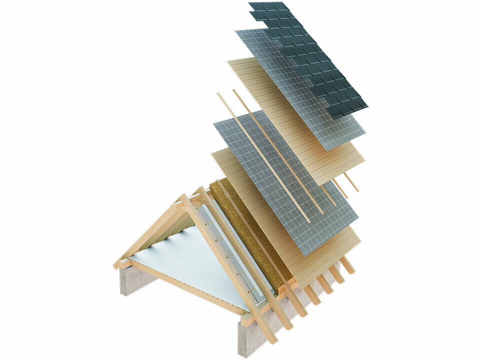 Tehnički prikaz konstrukcije krova hladnog tipa: višeslojna krovna konstrukcija s letvama, potpunom oplatom, slojem za odvajanje i krovnom konstrukcijom; potkrovlje se može koristiti kao stambeni prostor; dvostruka krovna konstrukcija s ventiliranim krovom; kontraletve.