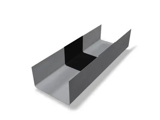 Slika prikazuje sivi PREFA olučni dila bez ruba ili poklopca, izrađen od robusnog aluminija. Ovaj spojni element koristi se za precizno produljenje olučnih oluka i osigurava čvrstu i pouzdanu odvodnju krova. Oluk dila dostupan je u veličinama oluka 250, 333 i 400.