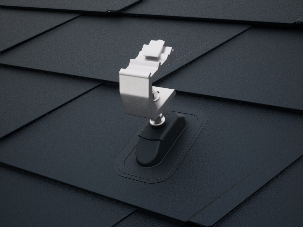 Detaljan prikaz solarni držač PRE-VARIO Sunny, montiranog na tamni PREFA krov s krovnim šindrama DS.19.