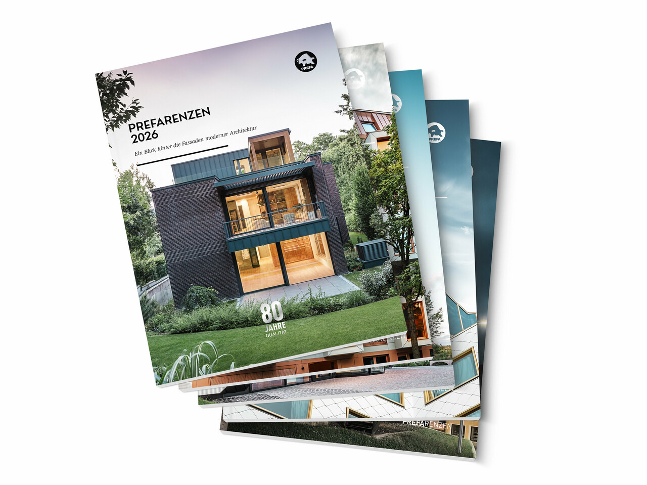 Auf dem Bild sind die PREFARENZEN mit beeindruckenden Beispielen für moderne Architektur mit dem Baustoff Aluminium, vor weißem Hintergrund, zu sehen. 