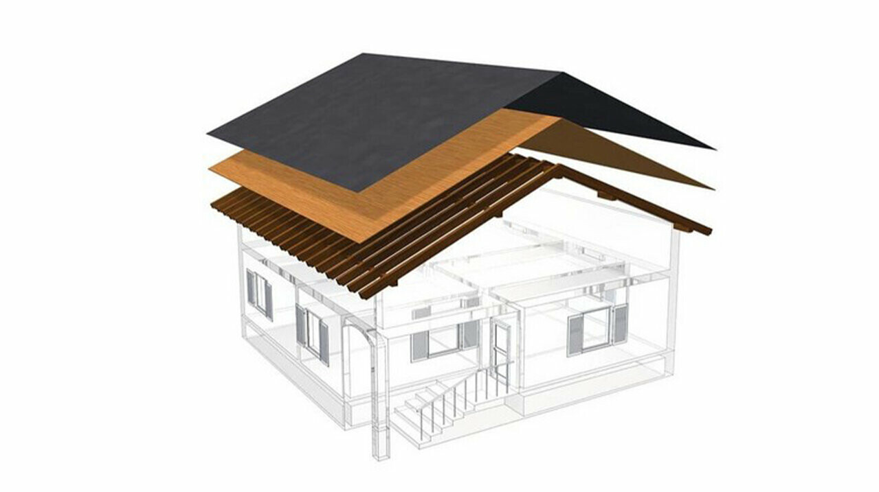 PREFA tehnička ilustracija jednoslojne krovne konstrukcije – potkrovlje nije stambeno jer služi kao ventilacijski prostor za metalni krov; Potpuna oplata i razdjelni sloj bez letvi; Topli krov