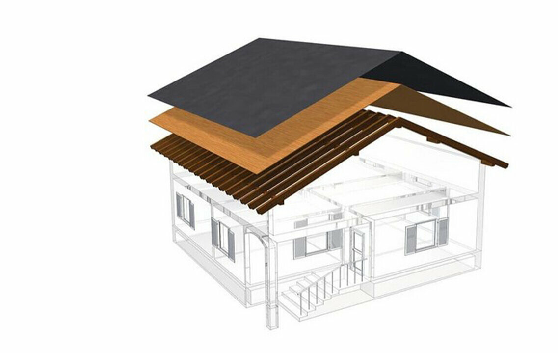 PREFA tehnička ilustracija jednoslojne krovne konstrukcije – potkrovlje nije stambeno jer služi kao ventilacijski prostor za metalni krov; Potpuna oplata i razdjelni sloj bez letvi; Topli krov
