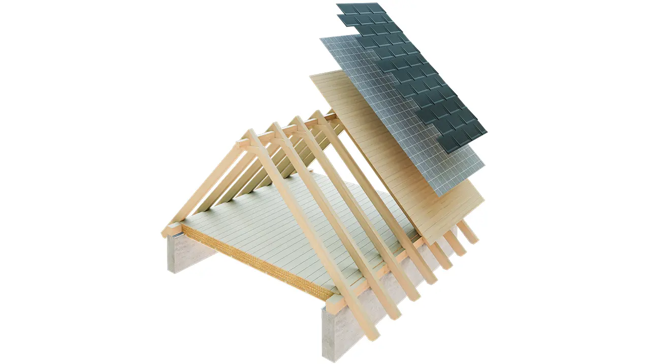 PREFA tehnička ilustracija jednoslojne krovne konstrukcije – potkrovlje nije stambeno jer služi kao ventilacijski prostor za metalni krov; Potpuna oplata i razdjelni sloj bez letvi; Topli krov