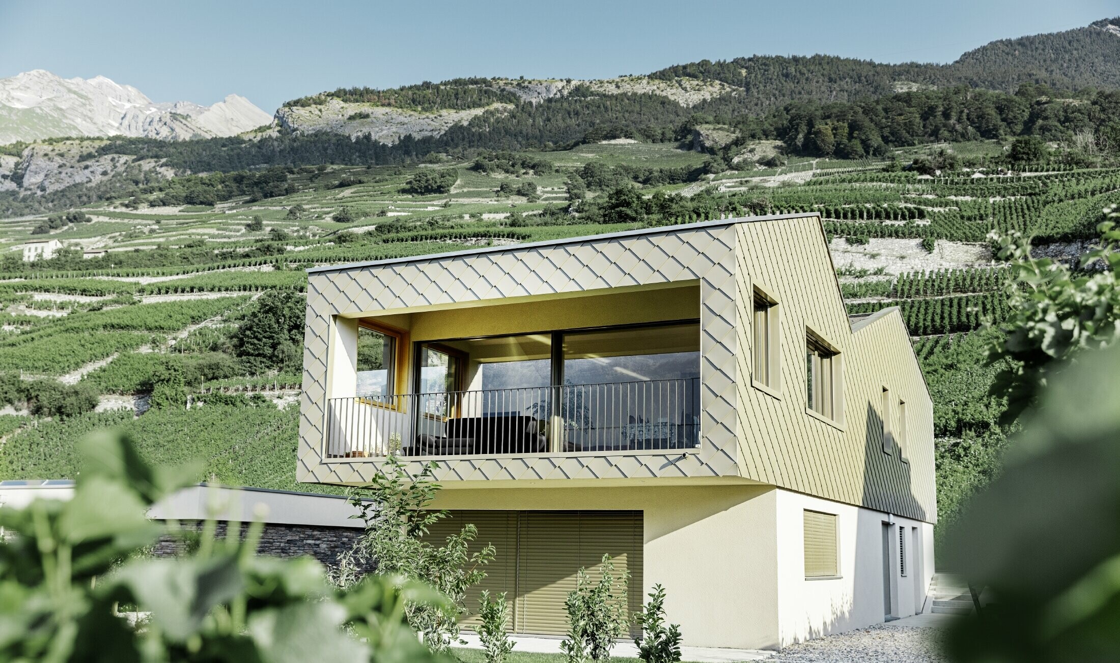 Moderna obiteljska kuće usred vinograda doline Rhône s 4 različite krovne površine i otvorenom galerijom s fasadom iz rombova u boji bronce