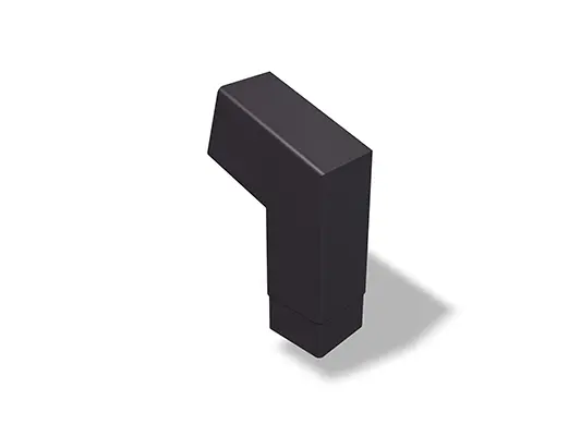 PREFA 72° kvadratni cijevni koljen (kratki), dostupan u veličinama 80 i 100 mm, s dimenzijama 196 x 196 mm (vidljivi). Ovaj kompaktni cijevni koljen omogućuje precizne promjene smjera prilikom ugradnje kvadratnih cijevi u krovne i fasadne sustave.