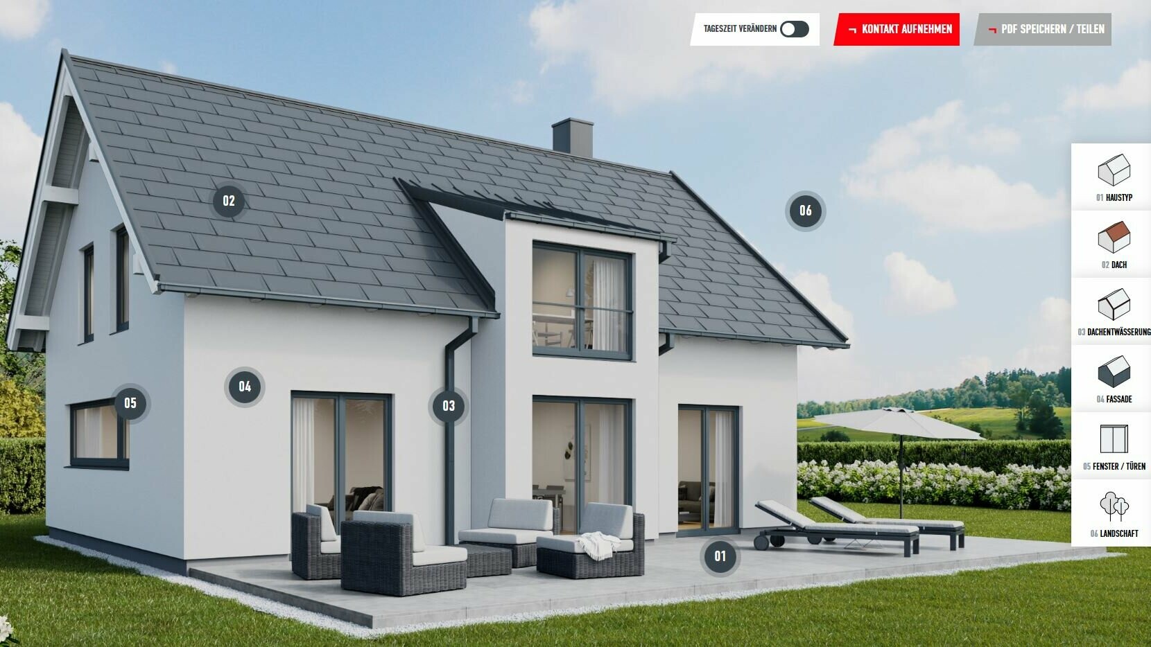 Primjer prikaza konfiguracije obiteljske kuće s dvostrešnim krovom od PREFA krovnih ploča R.16 u P.10 tamnosivoj boji u ruralnom području.