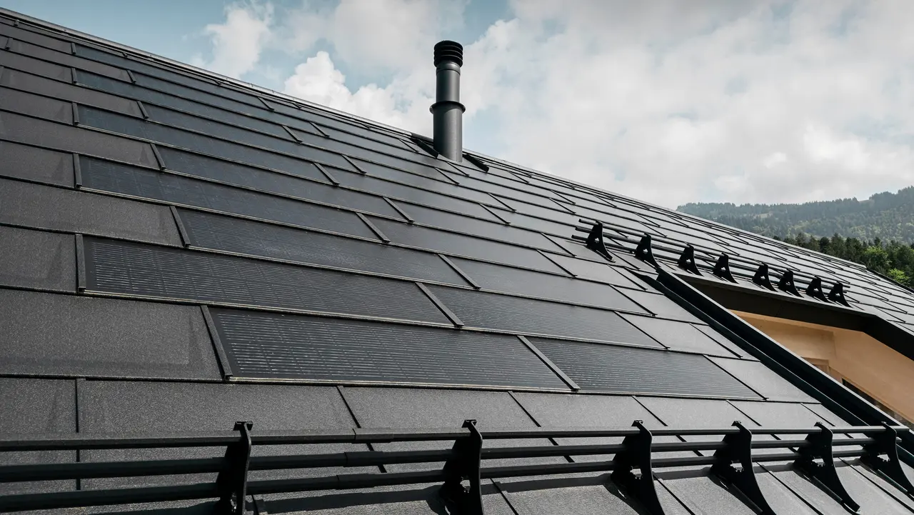 Krupni kadar učinkovite PREFA solarne krovne ploče koja se besprijekorno uklapa u crni krov od robusnih PREFA krovnih ploča R.16. Kombinacija održive proizvodnje energije i dugotrajnog aluminijskog krova nudi ekološko i estetsko rješenje za krov koje se skladno uklapa u prirodni krajolik.