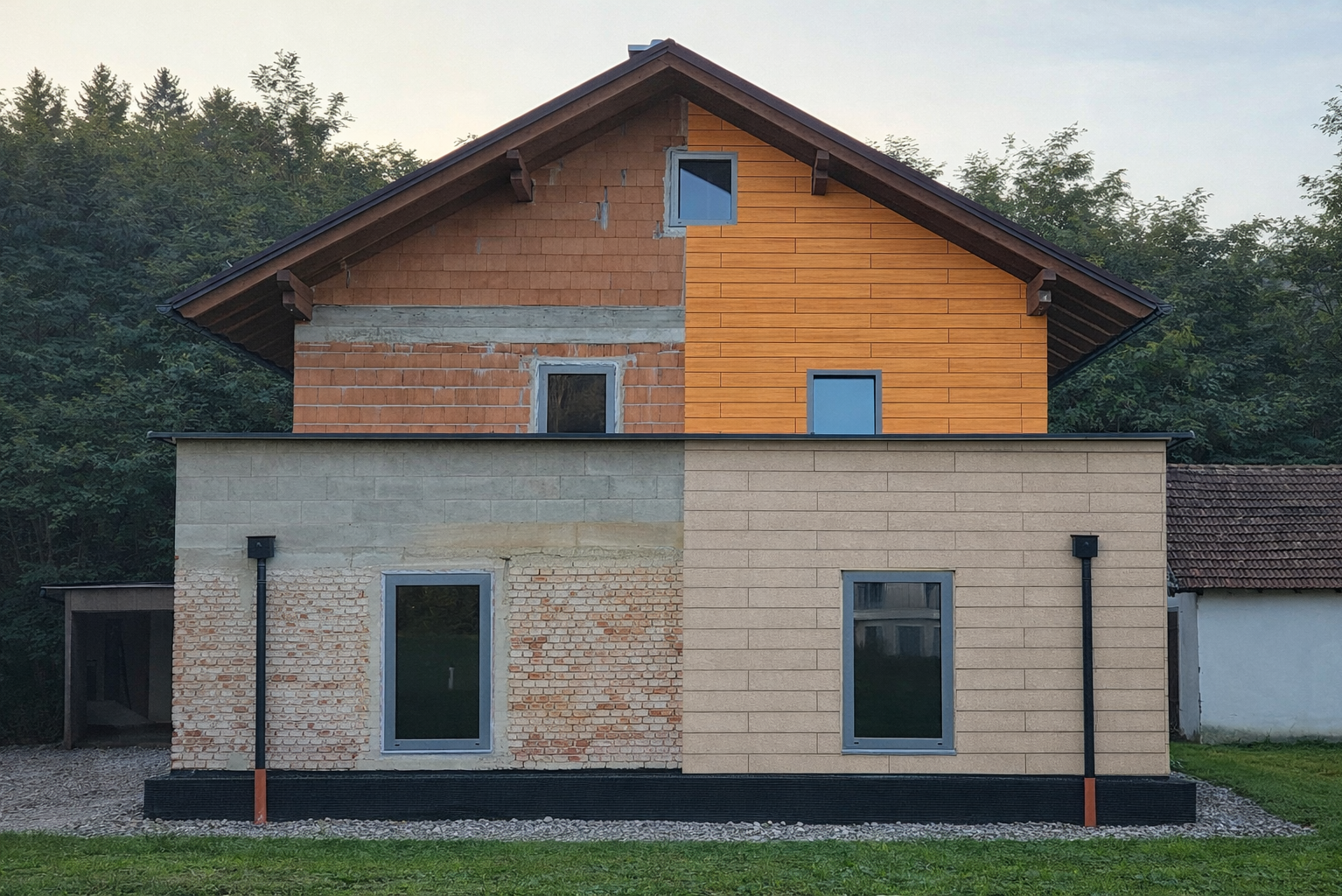 Foto servis za sanaciju fasade: profesionalno izrađena slika „prije i poslije“ kuće s različitim fasadnim materijalima, za realističnu vizualizaciju rješenja za sanaciju. (Slika je obrađena s pomoću umjetne inteligencije)