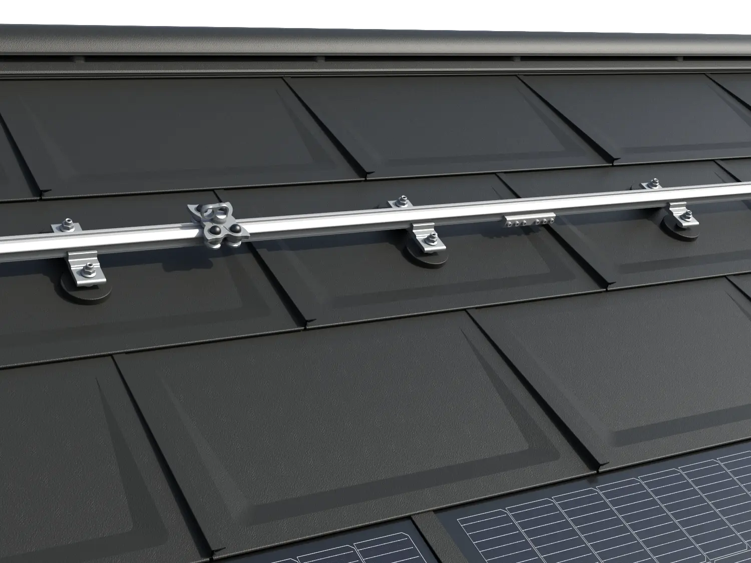 Das Bild zeigt das TAURUS Schienensystem von INNOTECH® auf einem PREFA Dach mit der bewährten Dachplatte R.16. Die Installation umfasst horizontale Führungsschienen und speziell entwickelte Gleiter, die eine sichere Dachbegehung und Wartung von Photovoltaikanlagen ermöglichen. Das System ist für alle PREFA Kleinformate geeignet und bietet eine zuverlässige Lösung für die Montage und Instandhaltung von PV-Anlagen. Von PREFA in Zusammenarbeit mit den Arbeitsschutz-Experten von INNOTECH® entwickelt, ist das Sicherungssystem nach EN 795 Typ A und D zertifiziert und für die Sicherung von zwei Personen ausgelegt. Am unteren Bildrand sind die innovativen PREFA Solardachplatten zu erkennen.