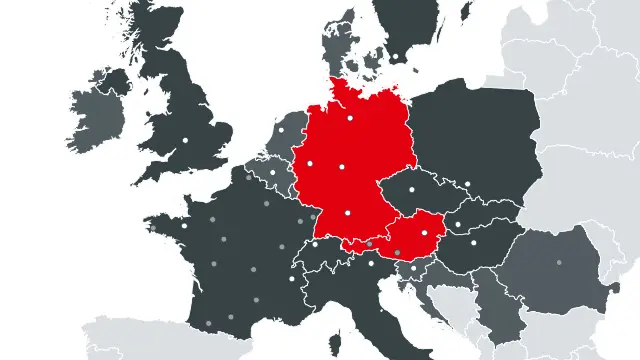 Karta sa svim europskim zemljama u kojima PREFA djeluje, crvenom bojom dvije proizvodne lokacije Austrija i Njemačka