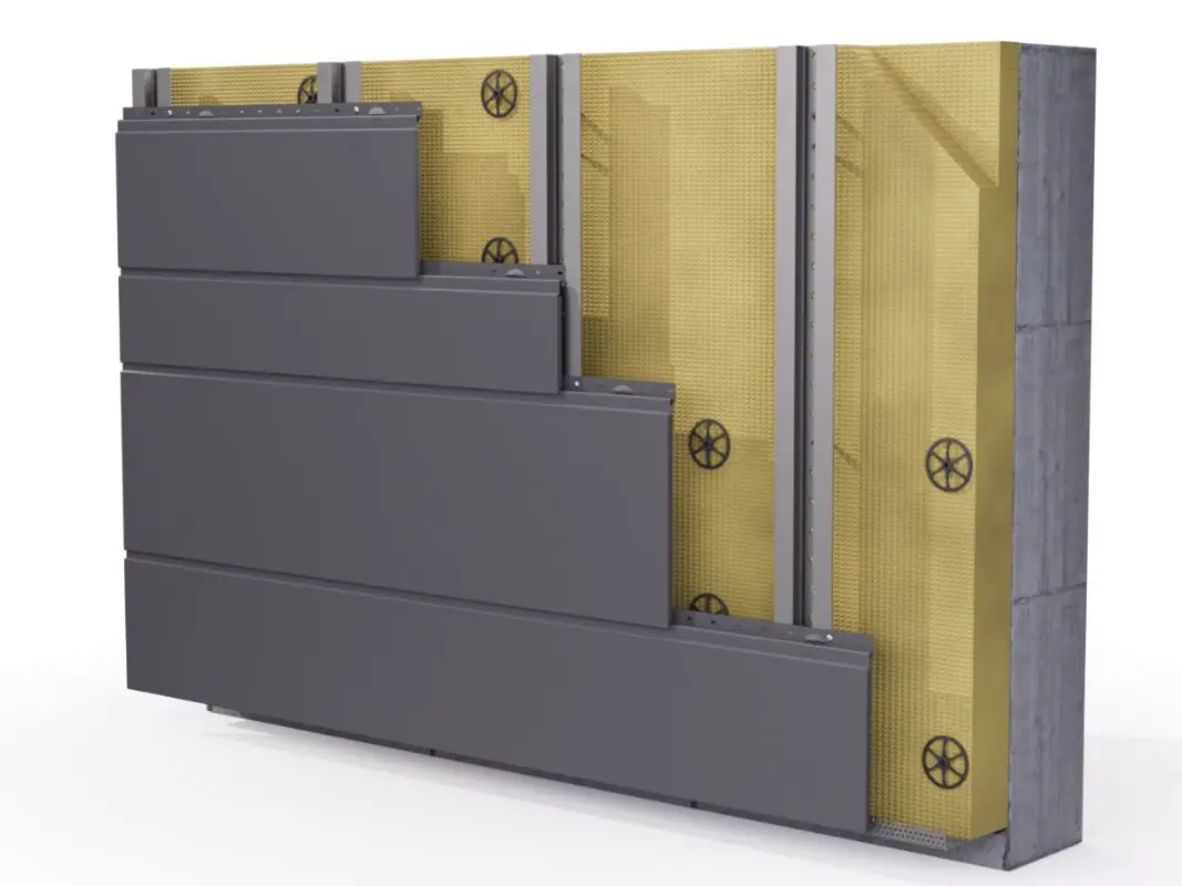 Fassaden Querschnitt mit den verschiedenen Schichten: Gemäuer, Dämmstoff, Fassaden-Unterkonstruktion in Aluminium und PREFA Fassade mit PREFA Sidings in verschiedenen Baubreiten und Längen. 