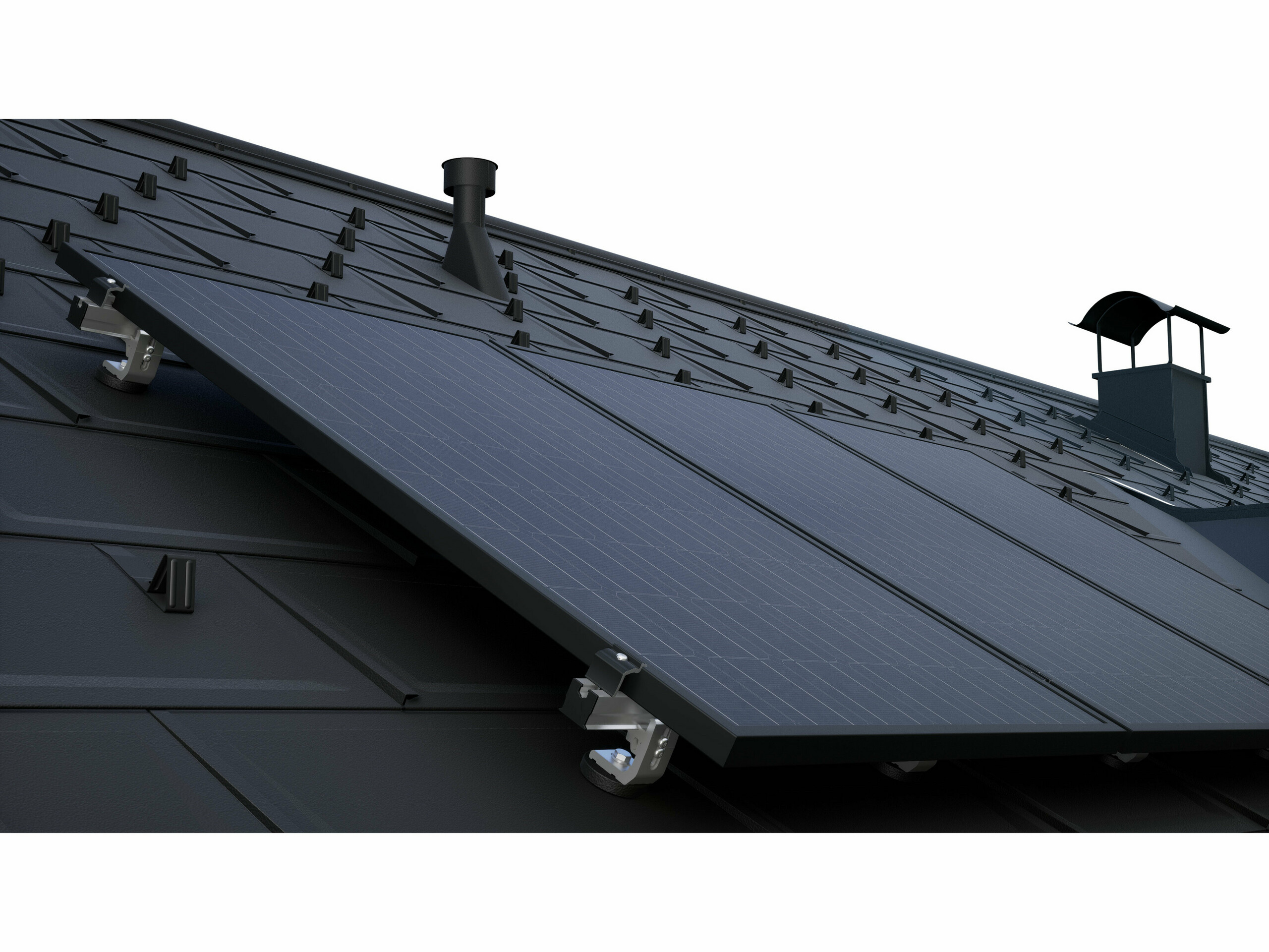 Fotonaponski moduli montirani s PRE-VARIO solarnim montažnim sustavom na tamnom PREFA krovu s krovnim panelima R.16.