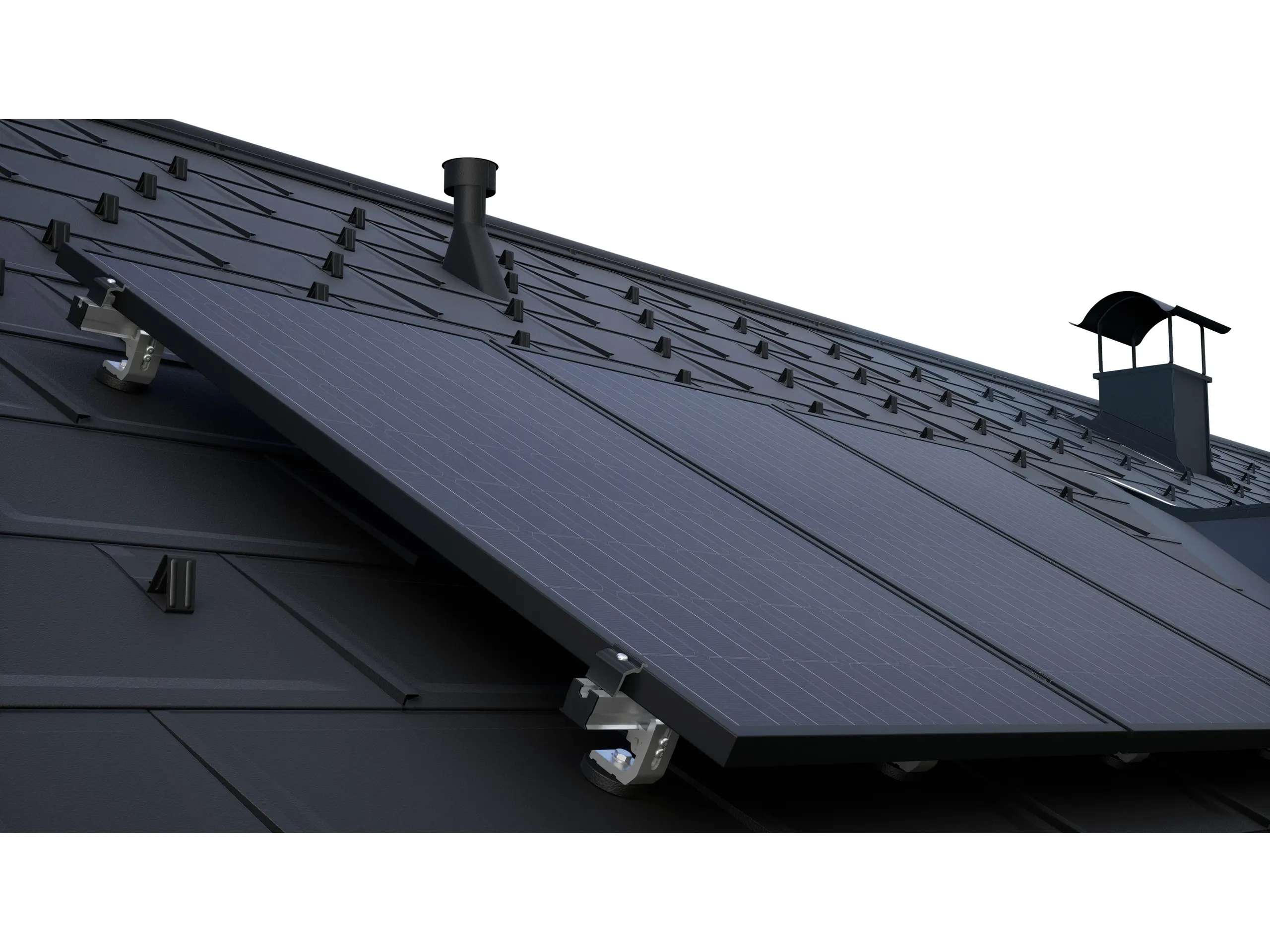 Fotonaponski moduli montirani s PRE-VARIO solarnim montažnim sustavom na tamnom PREFA krovu s krovnim panelima R.16.