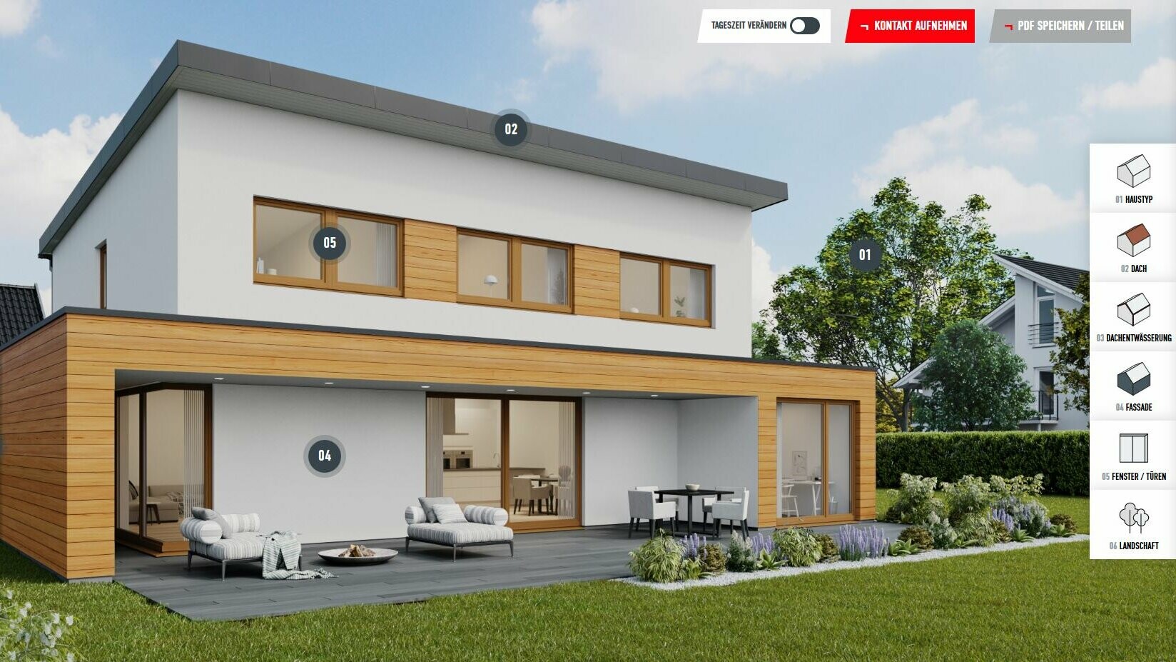 Primjer prikaza konfiguracije obiteljske kuće s jednostrešnim krovom u P.10 crnoj boji uključujući drvene elemente na fasadi. Kuća se nalazi u naseljenom području predgrađa.