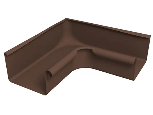 Slika prikazuje smeđi PREFA kutni žlijeb od 90° unutarnjeg okvira izrađen od robusnog aluminija. Ovaj izdržljivi pribor za oluke omogućuje čisto i čvrsto spajanje kutnih oluka na unutarnjim kutovima i podržava pouzdanu odvodnju krova. Unutarnji kutni žlijeb dostupan je u veličinama oluka 250, 333, 400 i 500.